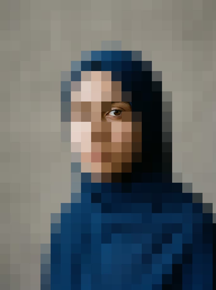 Pixelated portrait of a woman in a blue hijab, partially obscured behind a mosaic of color blocks