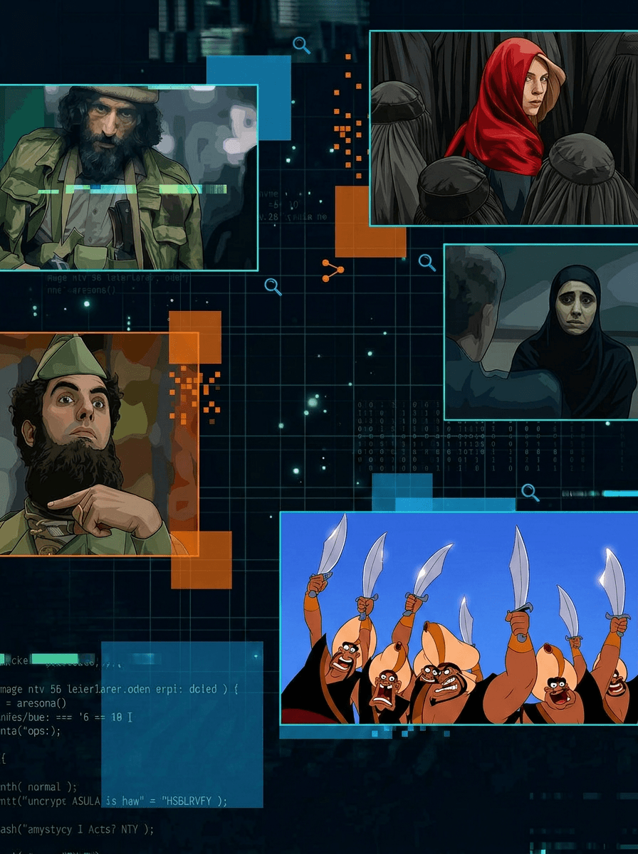 A collage of stereotyped depictions of Muslims in media, overlaid on a dark digital backdrop